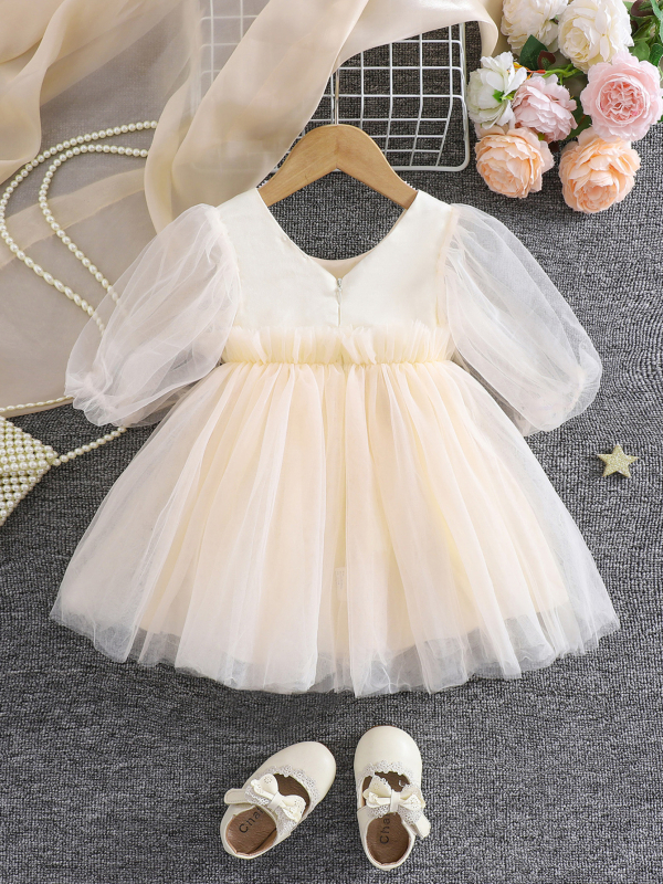 Dječja haljina princeze u korejskom stilu s pahuljastim mrežastim tilom, A-linija, dugi rukav, 100% poliester, podstava 100% poliester, meka obrada, ljeto 2025