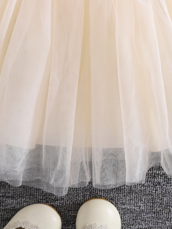 Dječja haljina princeze u korejskom stilu s pahuljastim mrežastim tilom, A-linija, dugi rukav, 100% poliester, podstava 100% poliester, meka obrada, ljeto 2025