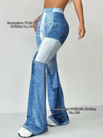 Dámske vintage nohavice v štýle denimu, vysoký pás, mierne zvonový strih, dvojfarebné prešívanie, polyesterová tkanina