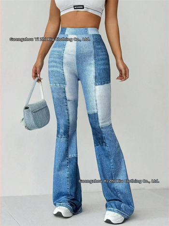 Dámske vintage nohavice v štýle denimu, vysoký pás, mierne zvonový strih, dvojfarebné prešívanie, polyesterová tkanina