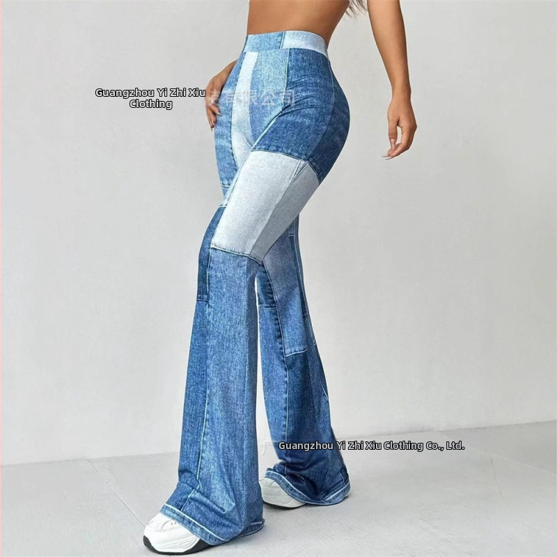 Dámske vintage nohavice v štýle denimu, vysoký pás, mierne zvonový strih, dvojfarebné prešívanie, polyesterová tkanina