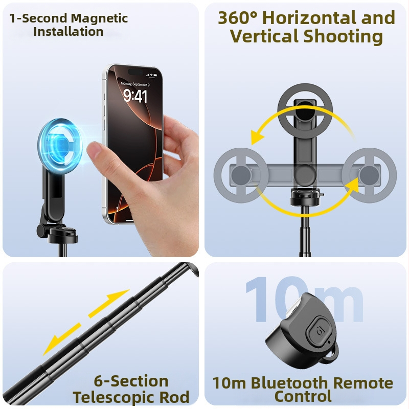 Selfie пръчка с магнит, Bluetooth дистанционно управление, телескопична дръжка за телефон и MagSafe съвместима алуминиева сплав