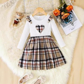 Dječja haljina za proljeće i jesen, karirani uzorak, dugi rukav, A-linijski kroj, poliester