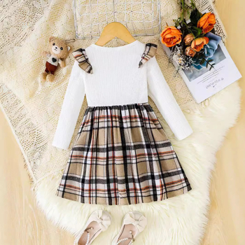 Κοριτσίστικο φόρεμα για άνοιξη-φθινόπωρο με φτερωτό μανίκι, καρό σχέδιο, μακρύ μανίκι, A-line, πολυεστέρας, για ηλικίες 3–8 ετών