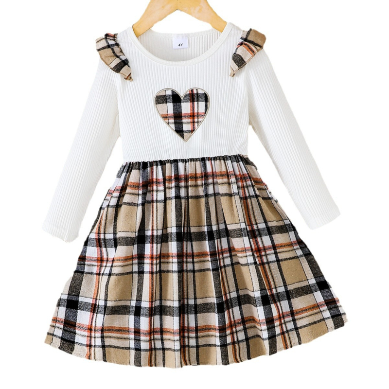 Dječja haljina za proljeće i jesen, karirani uzorak, dugi rukav, A-linijski kroj, poliester