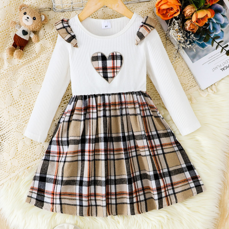 Dječja haljina za proljeće i jesen, karirani uzorak, dugi rukav, A-linijski kroj, poliester