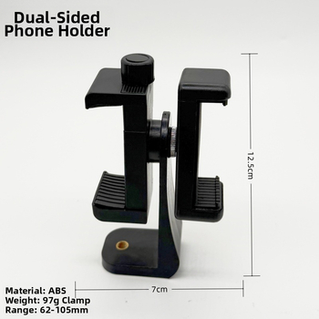 Telefono teleprompterio laikiklis, stalinis, dvipusis dizainas, dviejų įrenginių klipas, pasukamas horizontaliai/vertikaliai filmavimui, ABS+varis konstrukcija