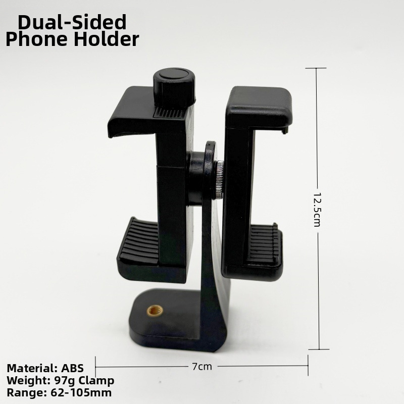 Telefono teleprompterio laikiklis, stalinis, dvipusis dizainas, dviejų įrenginių klipas, pasukamas horizontaliai/vertikaliai filmavimui, ABS+varis konstrukcija