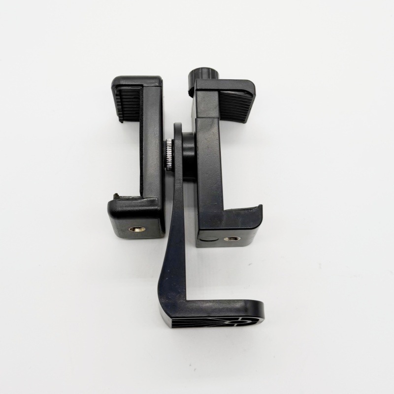 Telefono teleprompterio laikiklis, stalinis, dvipusis dizainas, dviejų įrenginių klipas, pasukamas horizontaliai/vertikaliai filmavimui, ABS+varis konstrukcija