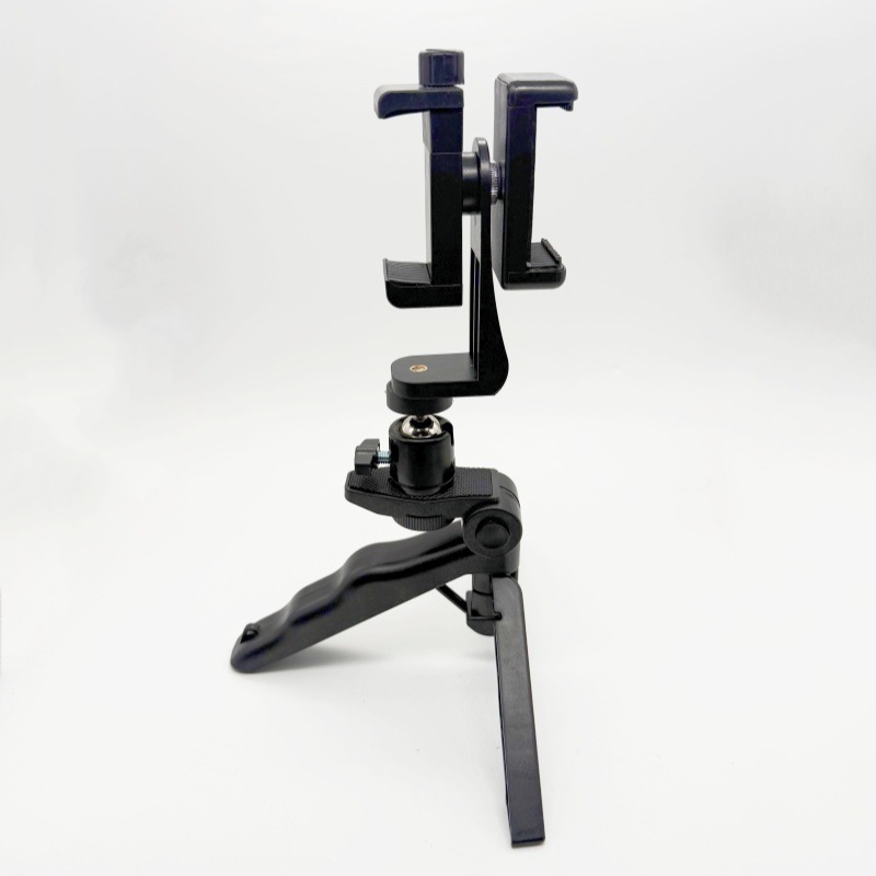 Telefono teleprompterio laikiklis, stalinis, dvipusis dizainas, dviejų įrenginių klipas, pasukamas horizontaliai/vertikaliai filmavimui, ABS+varis konstrukcija