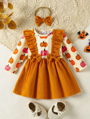 Set od dva dijela za djevojčicu: corduroy s motivom tikve za Halloween – top s dugim rukavima i okruglim izrezom + A-linijska suknja