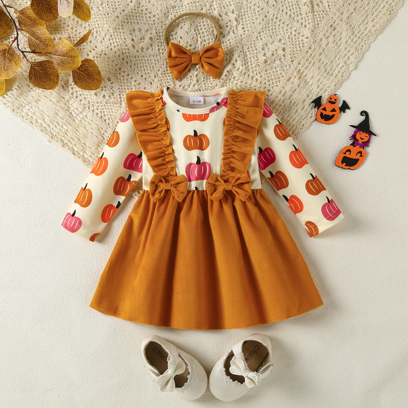 Set od dva dijela za djevojčicu: corduroy s motivom tikve za Halloween – top s dugim rukavima i okruglim izrezom + A-linijska suknja