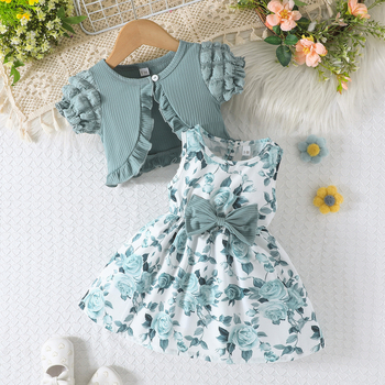 Letni dvodijelni set za djevojčice: haljina bez rukava s cvjetnim uzorkom i jednobojni kardigan kratkih rukava; Poliester 97%