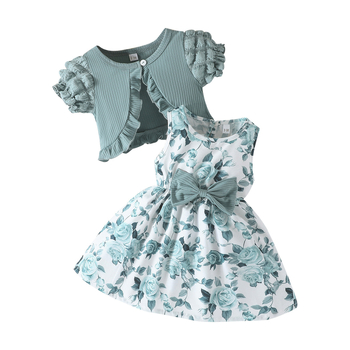 Σετ δύο τεμαχίων για κορίτσια: Φλοράλ φόρεμα χωρίς μανίκια και κοντό μονόχρωτο ζακετάκι, Πολυεστέρας 97%