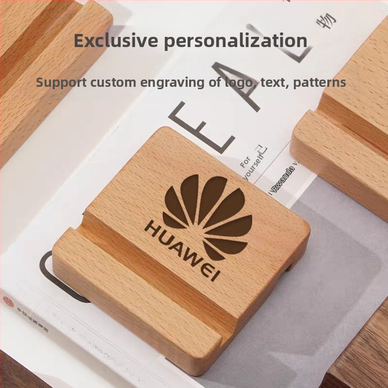 Držiak na mobil z orechového a bukového dreva, pevný podstavec, gravírovanie loga, moderný minimalistický štýl