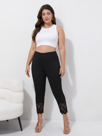 Дамски молив панталони с дантела по края, полиестер-еластан, средна талия, къс панталон, колажно шиене