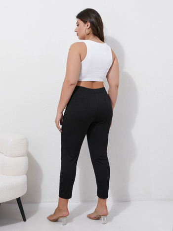 Дамски молив панталони с дантела по края, полиестер-еластан, средна талия, къс панталон, колажно шиене