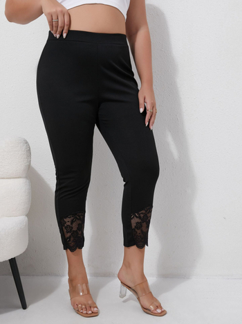 Дамски молив панталони с дантела по края, полиестер-еластан, средна талия, къс панталон, колажно шиене