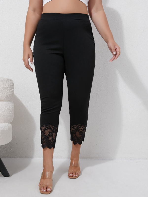 Дамски молив панталони с дантела по края, полиестер-еластан, средна талия, къс панталон, колажно шиене
