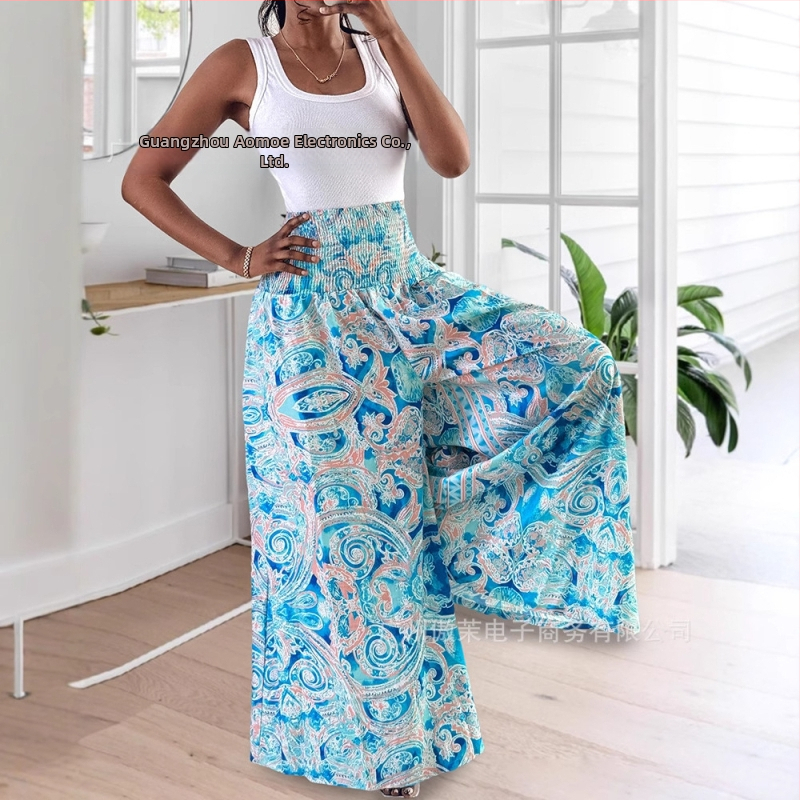 Nohavice s vysokým pásom, nastaviteľný pás, široké nohavice s A-čiarou, jednobarevná polyesterová látka, jar 2024