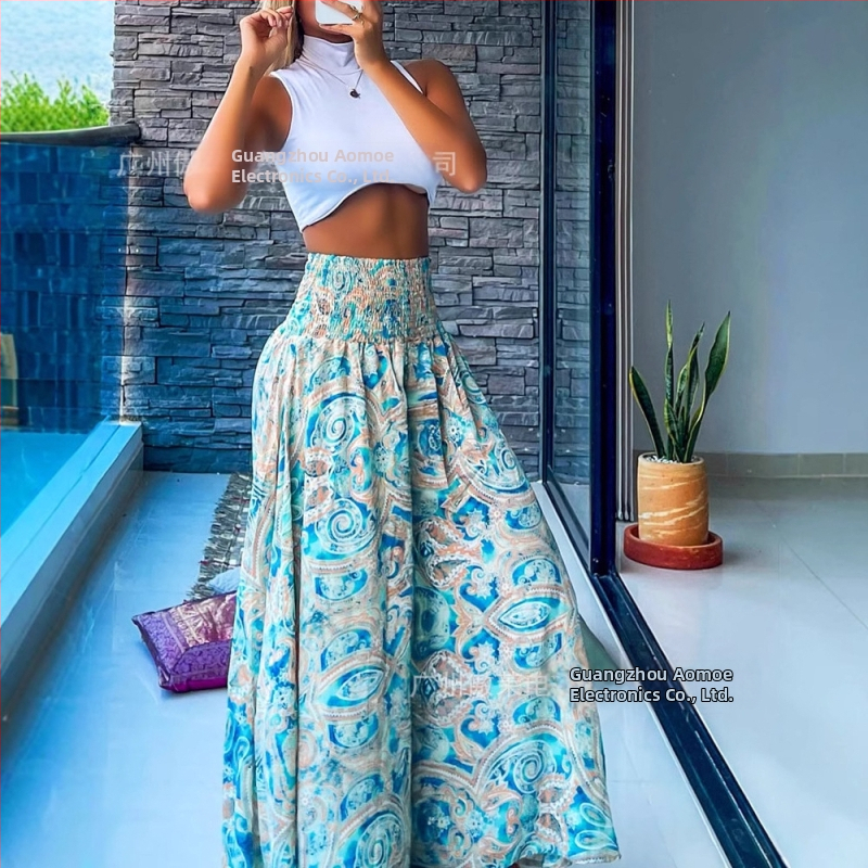 Nohavice s vysokým pásom, nastaviteľný pás, široké nohavice s A-čiarou, jednobarevná polyesterová látka, jar 2024