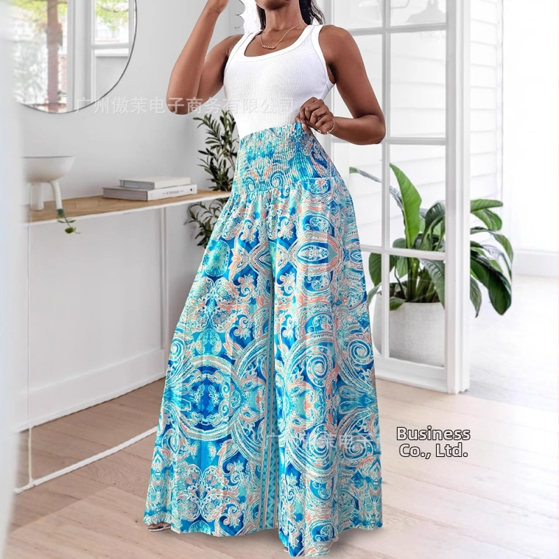 Nohavice s vysokým pásom, nastaviteľný pás, široké nohavice s A-čiarou, jednobarevná polyesterová látka, jar 2024