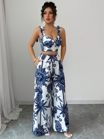 Γυναικείος καλοκαιρινός σετ με τοπ camisole V-λαιμού χωρίς μανίκια και ευρύχωρα παντελόνια, πολυεστέρας, 95%+ πολυεστέρα, street-hipster στυλ, καλοκαίρι 2025