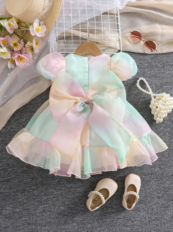 Παιδικό καλοκαιρινό φόρεμα πριγκίπισσα με φιόγκο και φούστα σε γραμμή Α, ένα κομμάτι, πολυεστέρας, μαλακή επεξεργασία υφάσματος, για 1–3 ετών