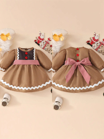 Dječja božićna haljina za djevojčice s motivom Gingerbread Man, dugi rukavi, okrugli izrez, A-linijski kroj s pojasom