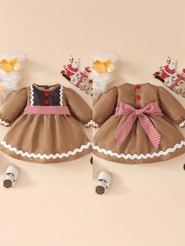 Dječja božićna haljina za djevojčice s motivom Gingerbread Man, dugi rukavi, okrugli izrez, A-linijski kroj s pojasom