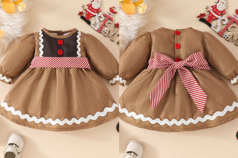 Dječja božićna haljina za djevojčice s motivom Gingerbread Man, dugi rukavi, okrugli izrez, A-linijski kroj s pojasom