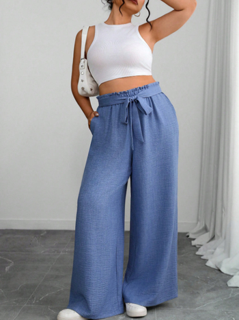 Дамски панталони с широки крачоли от полиестер, тъкани, пълна дължина, пролет 2025, стил изискан и градски