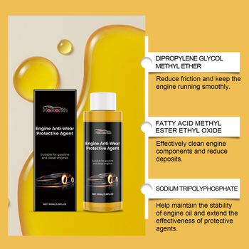 Антиизносно средство за двигател — основни съставки: water, dipropyl glycol methyl ether, fatty acid methyl ester ethyl oxide, sodium tripolyphosphate, sodium gluconate; срок на годност: 3 години; опаковка: 160 бр.