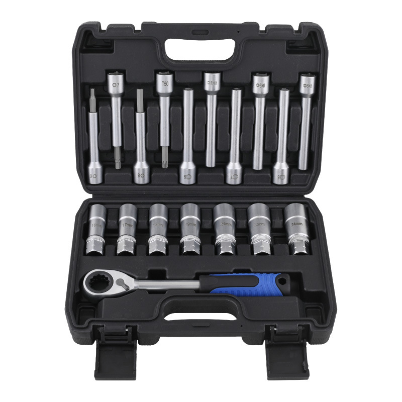 18‑частен комплект за амортисьори: хром-ванадий стомана, електроплакиран завършек, включва торцеви гнезда и демонтажен инструмент