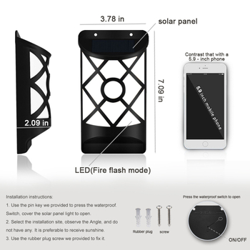 Ηλιακό φωτιστικό τοίχου σε μορφή φλόγας με 66 LED (Μοντέλο YY-106-3, LED πηγή, IP65, 0,38W, 6–12 ώρες)