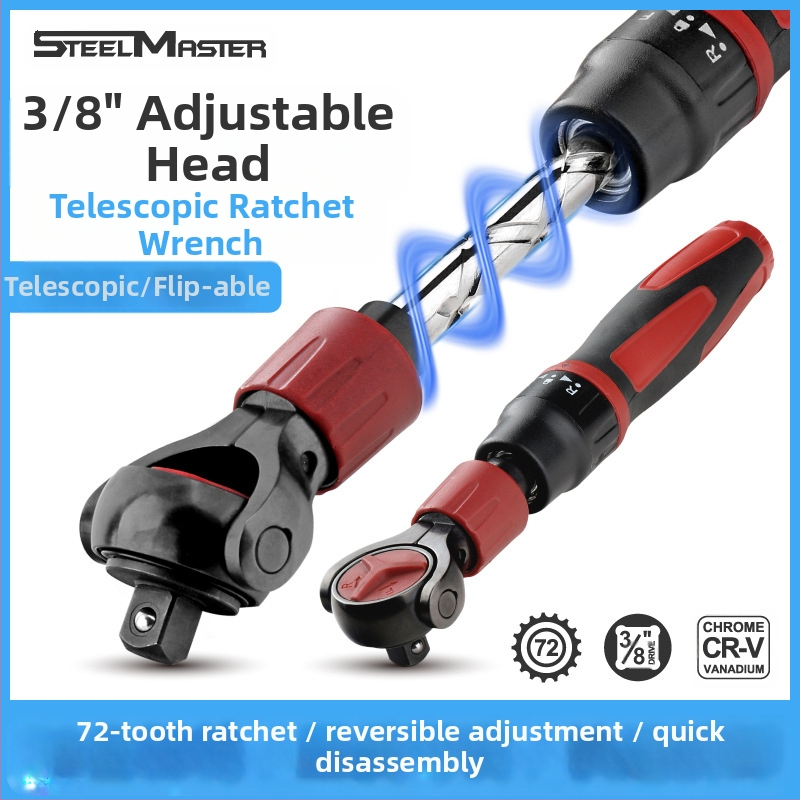 Hi-Spec reguliuojama galva sukimo raktas su teleskopine galva, kvadratinė 3/8 colio galva, chromo vanadžio plienas, juodas paviršius, imperinis formatas, pramoninis laipsnis