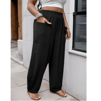 Дамски ежедневни панталони от полиестер-памук смес, с джобове, свободен харем стил, средно висока талия с ластичен пояс, дълги панталони, едноцветни