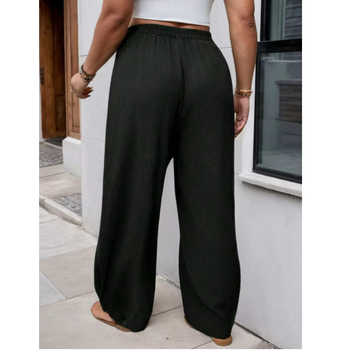 Дамски ежедневни панталони от полиестер-памук смес, с джобове, свободен харем стил, средно висока талия с ластичен пояс, дълги панталони, едноцветни