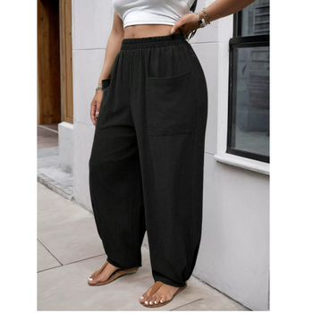 Дамски ежедневни панталони от полиестер-памук смес, с джобове, свободен харем стил, средно висока талия с ластичен пояс, дълги панталони, едноцветни