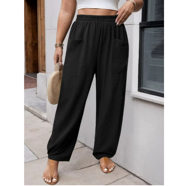 Ženske casual hlače od poliestersko-pamučne smjese, s džepovima, opušteni haremski kroj, srednji rise, elastični pojas, duge hlače, jednobojne