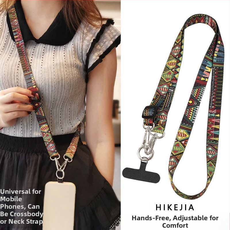 Телефонна каишка през врата с ретро тотем дизайн, дълга и регулируема, антизагубване за пътуване; стил: модерен минимализъм; материал: друг; старт: пролет 2025; категория: други организиращи и прахозащитни устройства