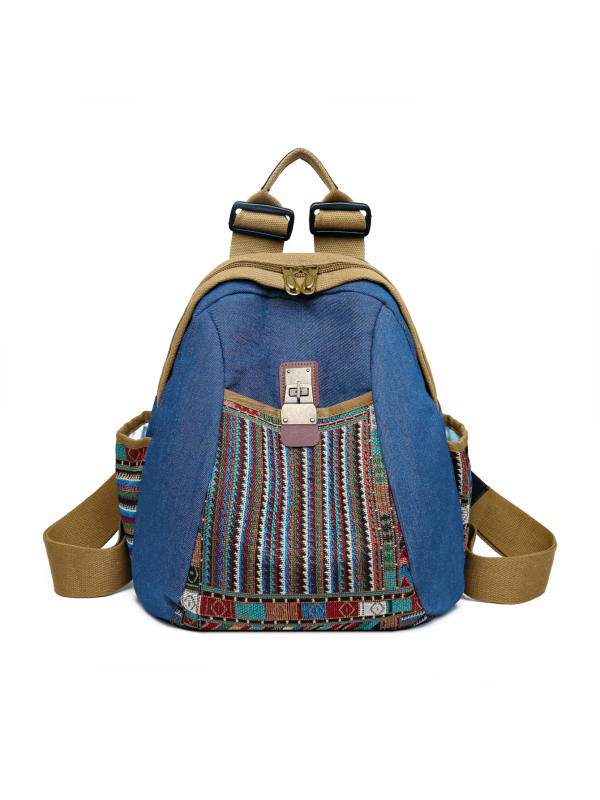 Denim ruksak u etničkom stilu za žene — lagani svakodnevni ruksak, dvostruka namjena torbe za mamu, poliester podstava, zatvaranje tipa poklopca, unutarnji džep sa zipom