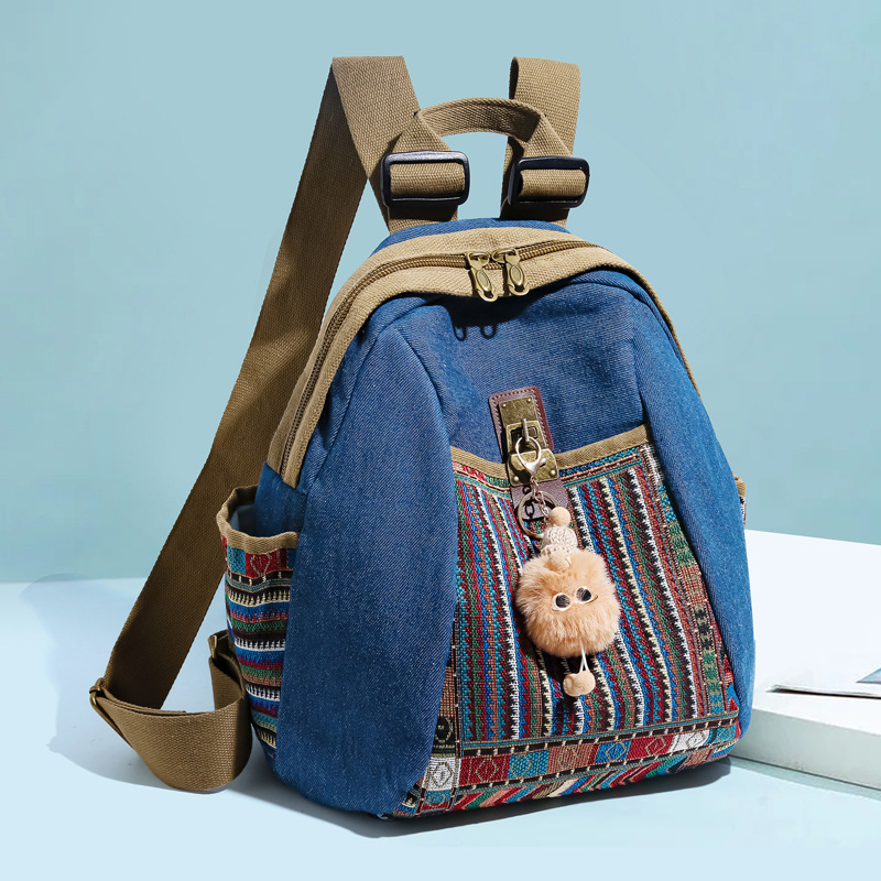 Denim ruksak u etničkom stilu za žene — lagani svakodnevni ruksak, dvostruka namjena torbe za mamu, poliester podstava, zatvaranje tipa poklopca, unutarnji džep sa zipom