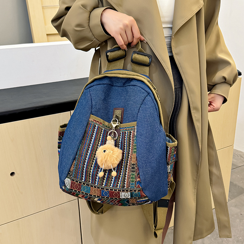 Denim ruksak u etničkom stilu za žene — lagani svakodnevni ruksak, dvostruka namjena torbe za mamu, poliester podstava, zatvaranje tipa poklopca, unutarnji džep sa zipom