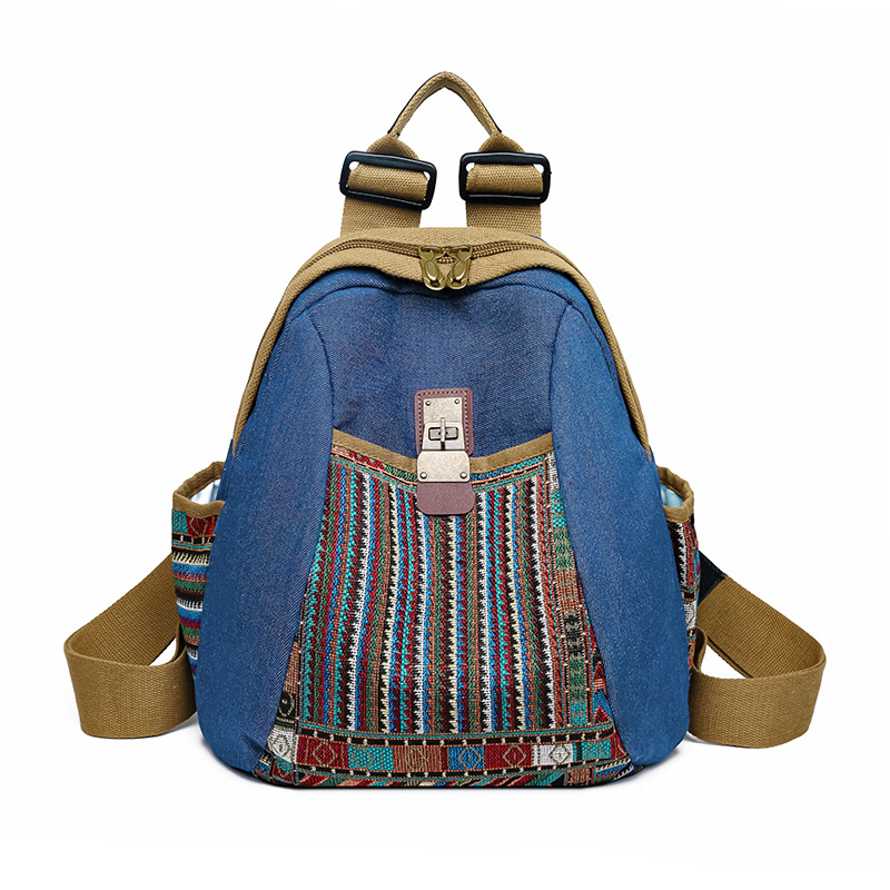 Denim ruksak u etničkom stilu za žene — lagani svakodnevni ruksak, dvostruka namjena torbe za mamu, poliester podstava, zatvaranje tipa poklopca, unutarnji džep sa zipom
