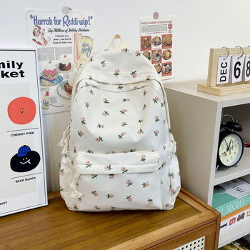 Κοριτσίστικη σχολική τσάντα με φλοράλ μοτίβο, νάιλον (nylon; 20–35 L; θήκη για φορητό 12 ιντσών; ιμάντες με αερόμαξιλαράκι; φλοράλ μοτίβο)