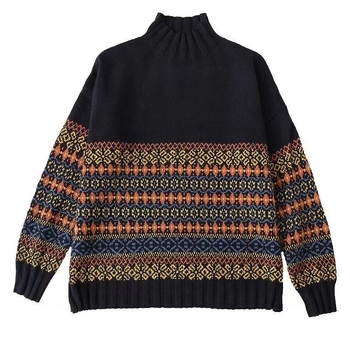 Kardigan od poliesterskog pletenja, opuštenog kroja, dugi rukavi, poluvisoki ovratnik, duljina 50–65 cm, jesen-zimski gradski stil džempera