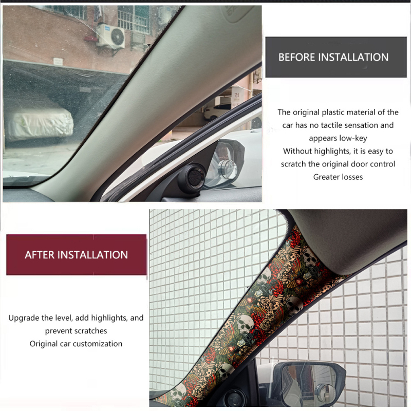 Автомобилен интериор: самозалепваща полиестерна облицовка за ABC колони и таван, едночастова облицовка, устойчива на надраскване и износване, анти отпечатъци и мазни следи, универсално монтиране