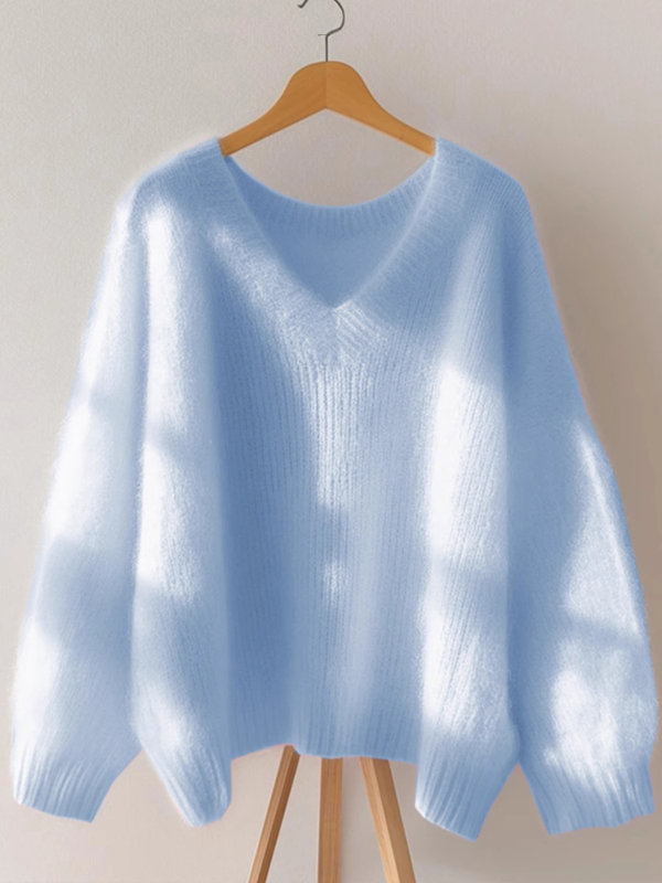 Moterų megztinis su V formos kaklu, laisvas kirpimas, ilgos rankovės, megztas tops, žiema 2024
