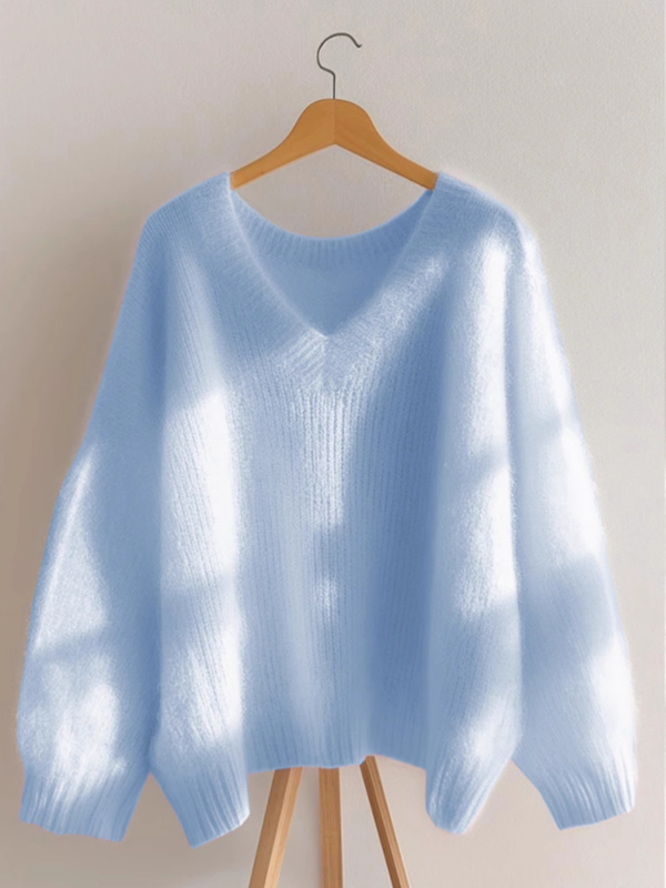 Moterų megztinis su V formos kaklu, laisvas kirpimas, ilgos rankovės, megztas tops, žiema 2024